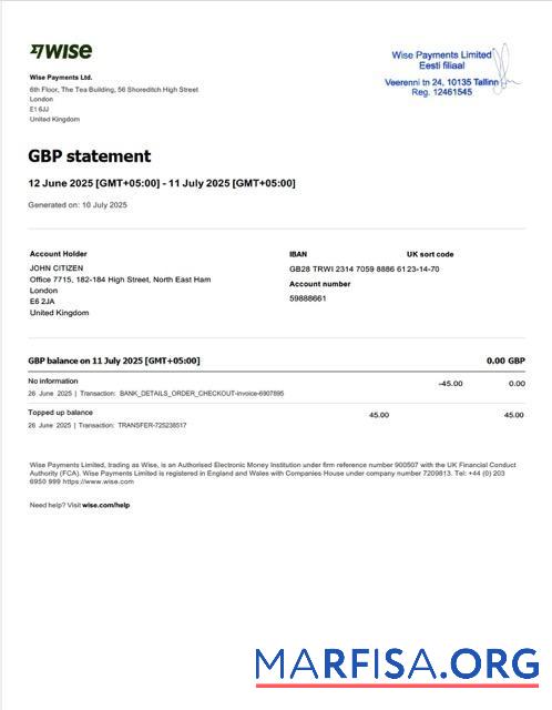Downloadable UK Wise Payments account statement word template